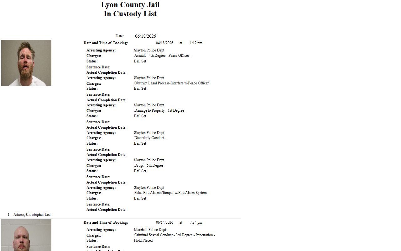 Lyon County inmate population current jail roster report