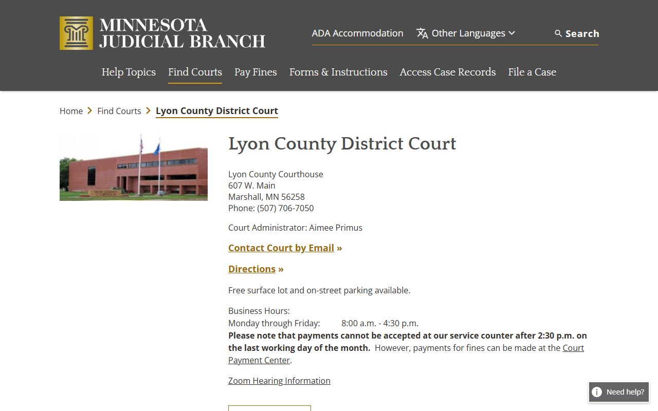 Official Lyon County District Court page from the Minnesota Judicial Branch
