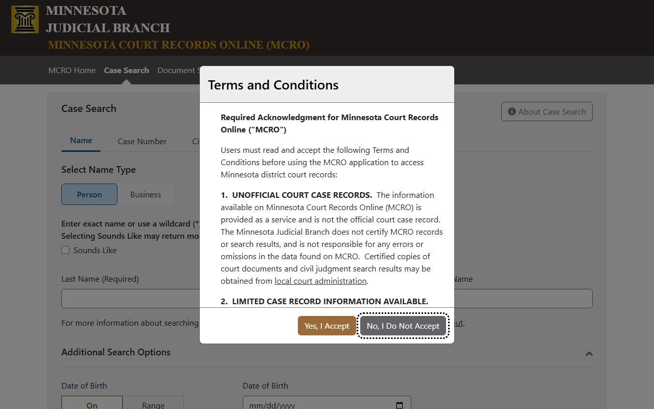Minnesota Court Records Online case search screen for district court records